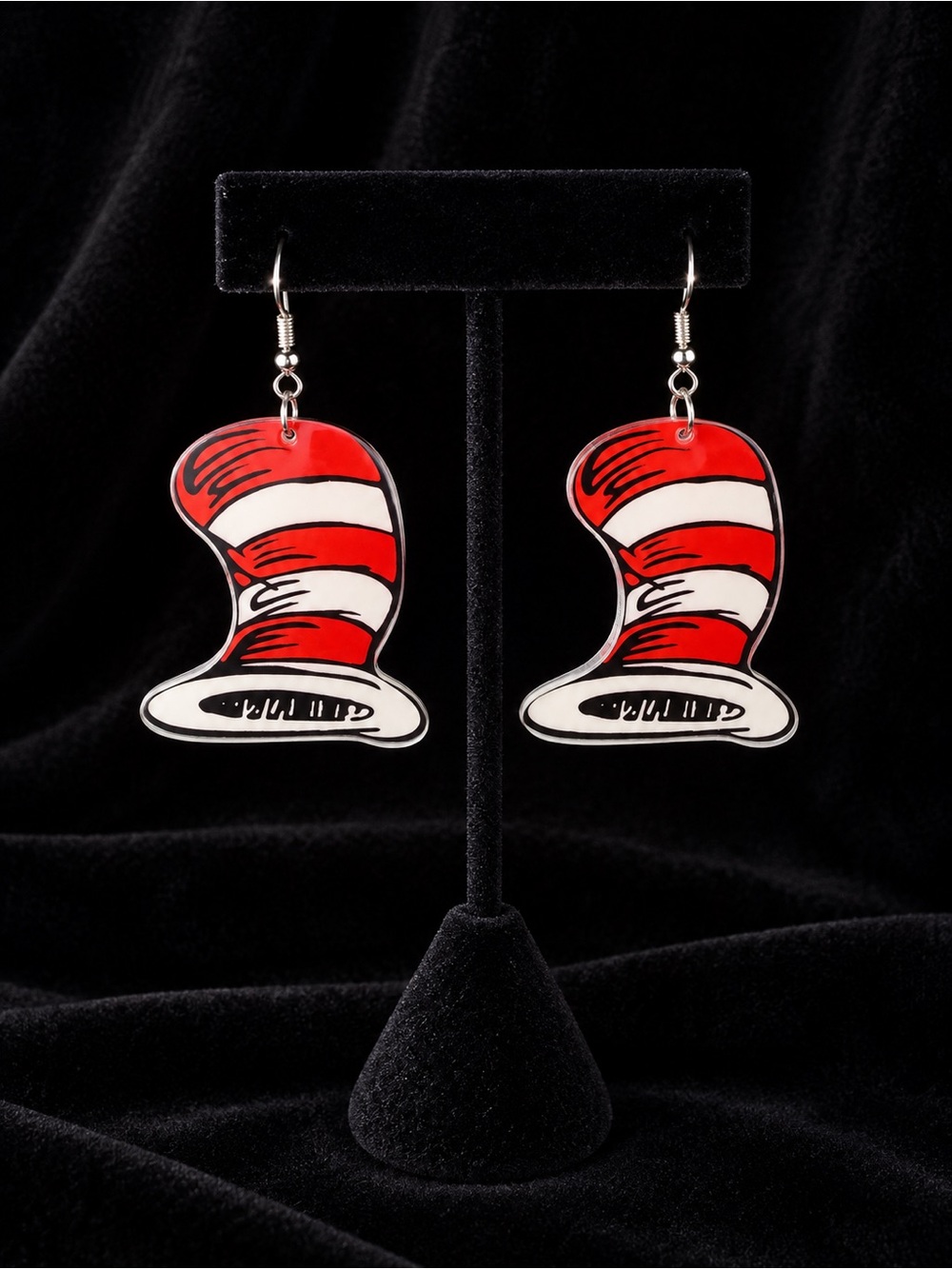 Cat in the Har Red & White Striped Hat Dangle Earrings